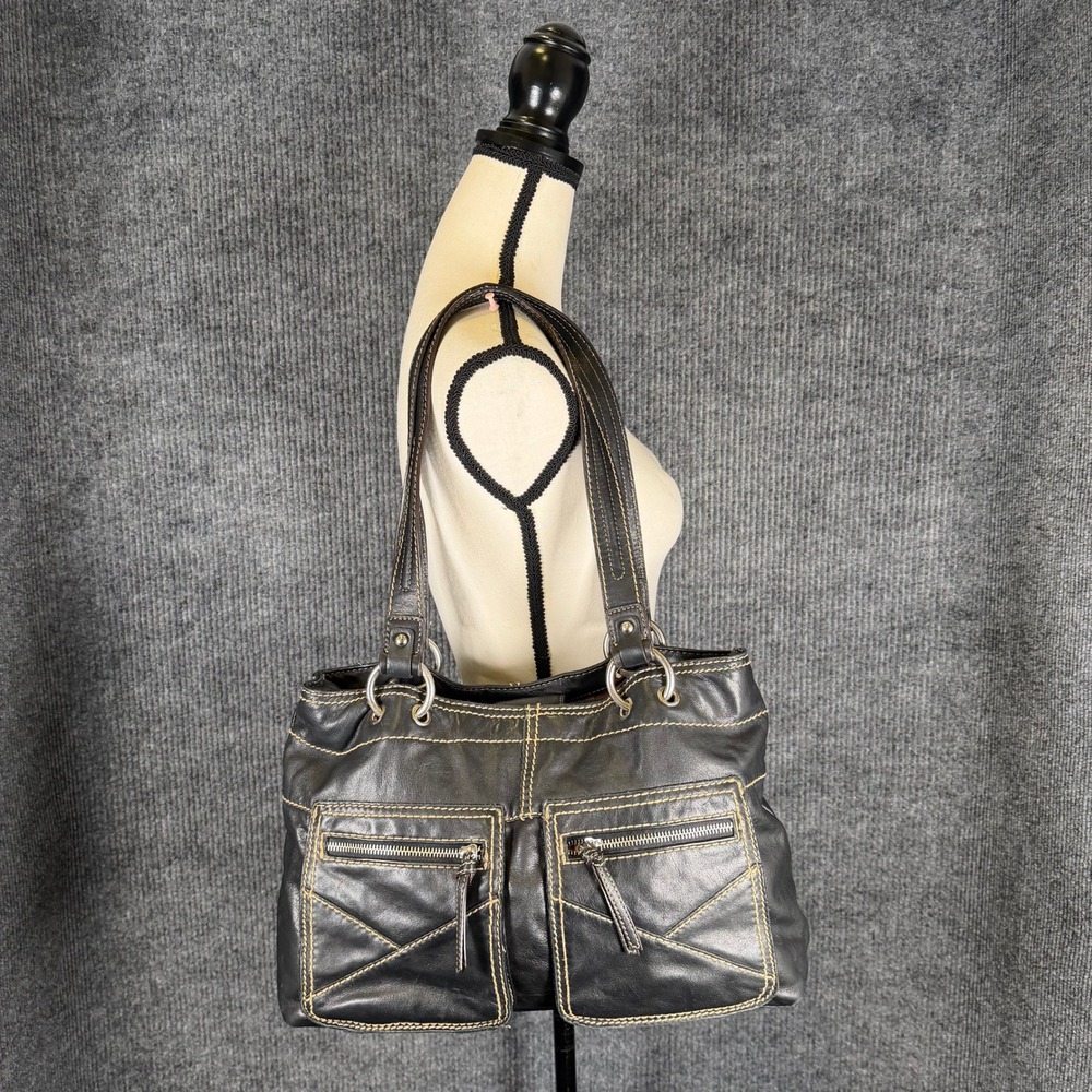Y2K Tignanello Soft Black Leather Cargo Purse Tote Shoulder Bag Contrast Stitch